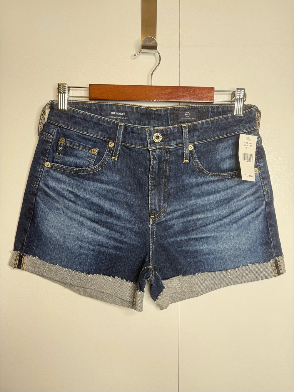 AG Adriano Goldschmied The Hailey Blue Denim Cuffed Hem Shorts NWT $178